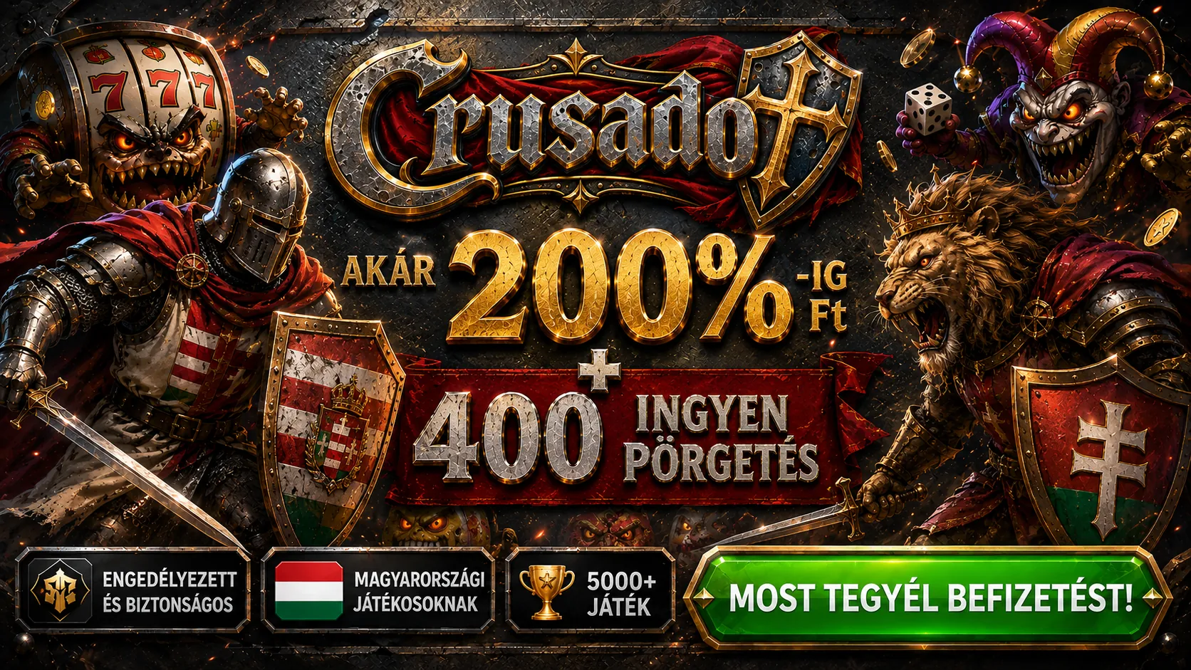 Crusado üdvözlő ajánlat — 200% bónusz és 400 ingyenes pörgetés