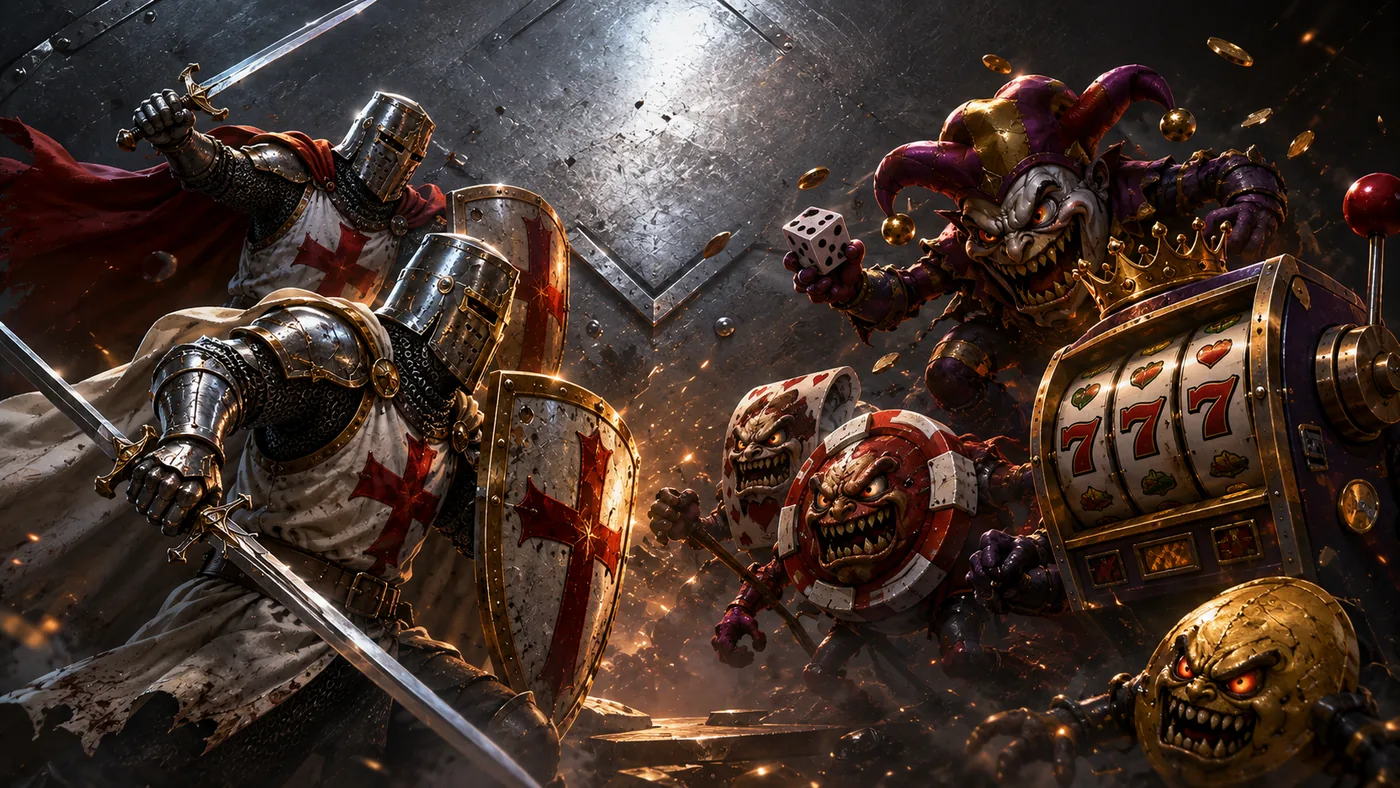 Crusado knights charging a horde of slot symbols