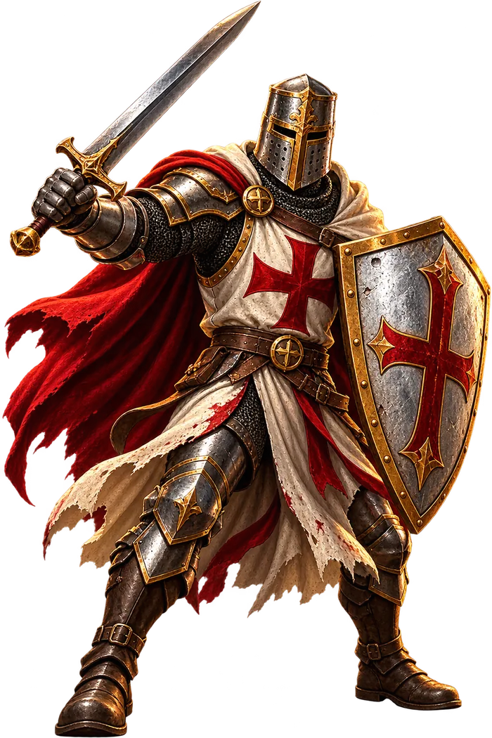 The Crusado champion, sword raised
